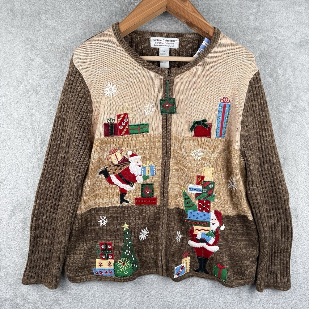 Heirloom Collectibles Christmas Cardigan Sweater Womens XL Santa Presents VTG
